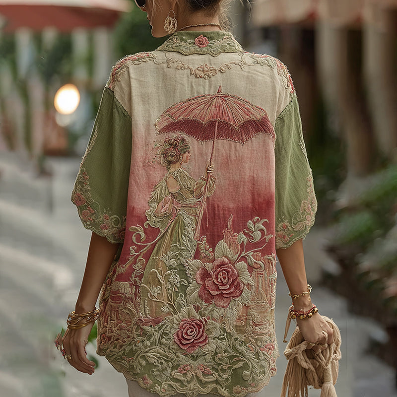 Camisas de lino con solapa de la colección Amor y Salud con diseño clásico de rosas y flores 