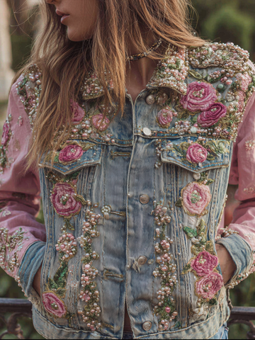 Chaqueta vaquera informal retro para mujer con bordado de rosas de estilo bohemio 