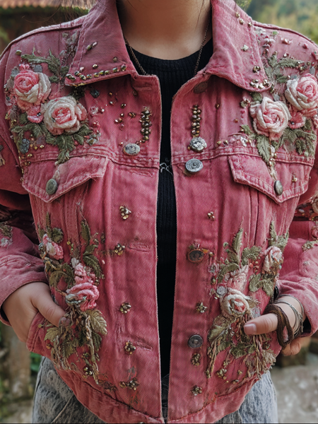 Chaqueta vaquera informal retro para mujer con bordado de rosas de estilo bohemio 