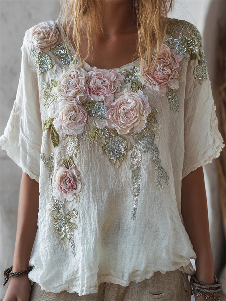 Túnica fluida de lino con rosas rosas estilo boho y purpurina 
