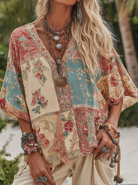Camisa informal de mujer con cuello en V y estampado floral bohemio 