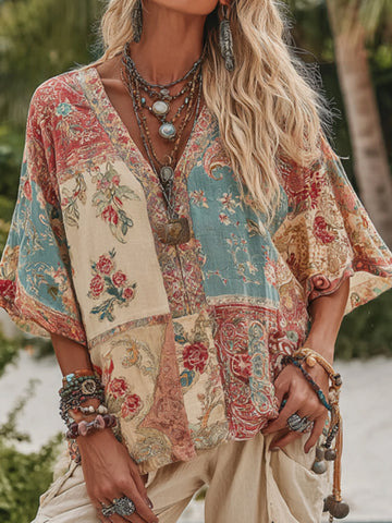 Camisa informal de mujer con cuello en V y estampado floral bohemio 