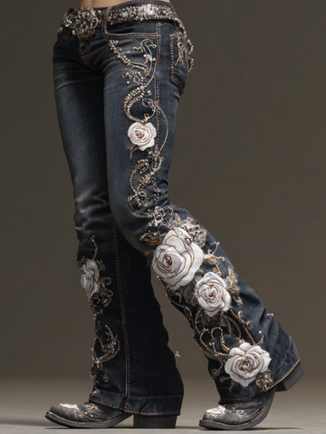 Pantalones vaqueros largos de mujer estilo bohemio con bordado de flores y plantas, corte holgado, pierna ancha y rectos. 