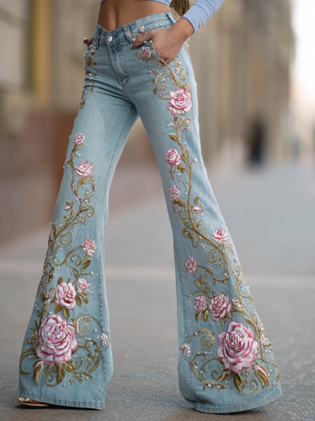 Pantalones vaqueros largos de mujer estilo bohemio con bordado de flores y plantas, corte holgado, pierna ancha y rectos. 