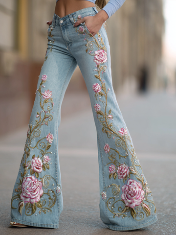 Pantalon long en jean pour femme, style bohème, broderie florale végétale, coupe ample, jambes larges et droites 