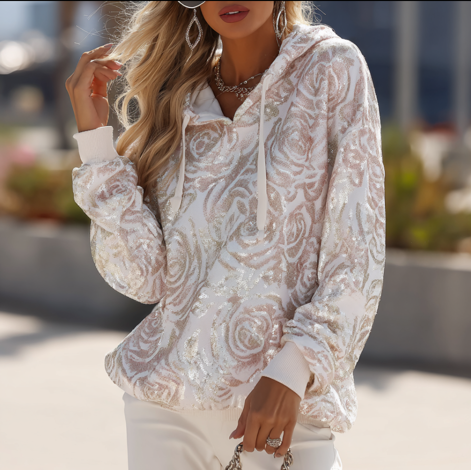 Sudadera de manga larga con capucha para mujer, estilo bohemio, con rosa rosa 3D y lentejuelas. 
