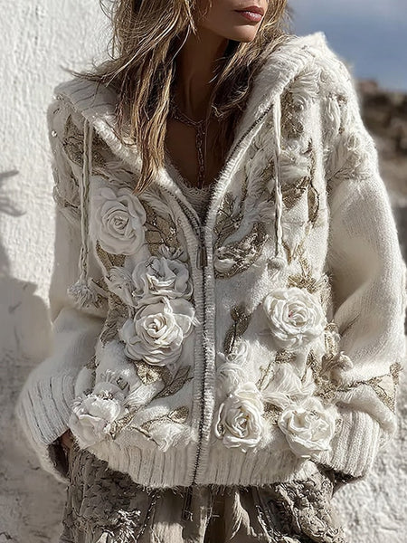 Pull en maille à fermeture éclair pour femme, motif rose blanche vintage 