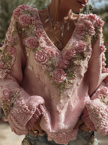 Suéter vintage rosa rosa de punto grueso con cuello en V para mujer 