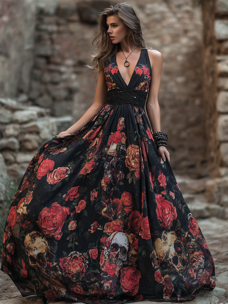 Vestido largo de mujer con escote en V, estampado de rosas y calaveras con temática de Halloween 