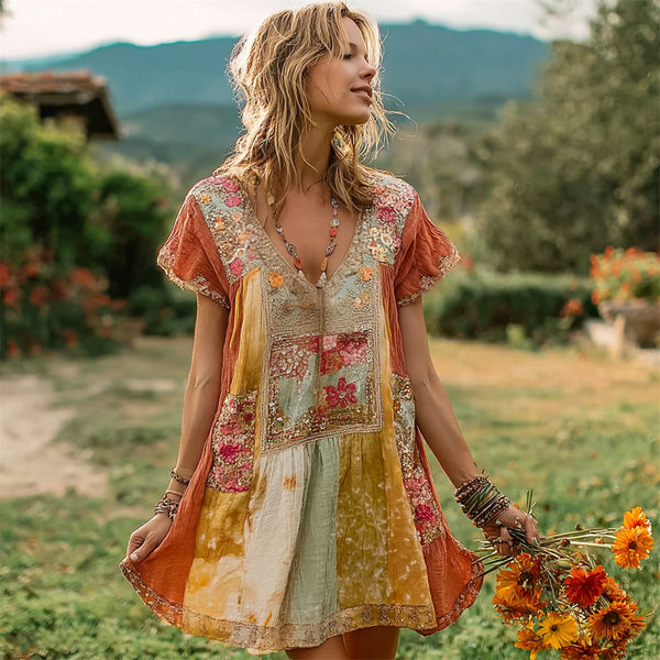 Vestido corto de lino estilo boho con estampado floral de atardecer para mujer 
