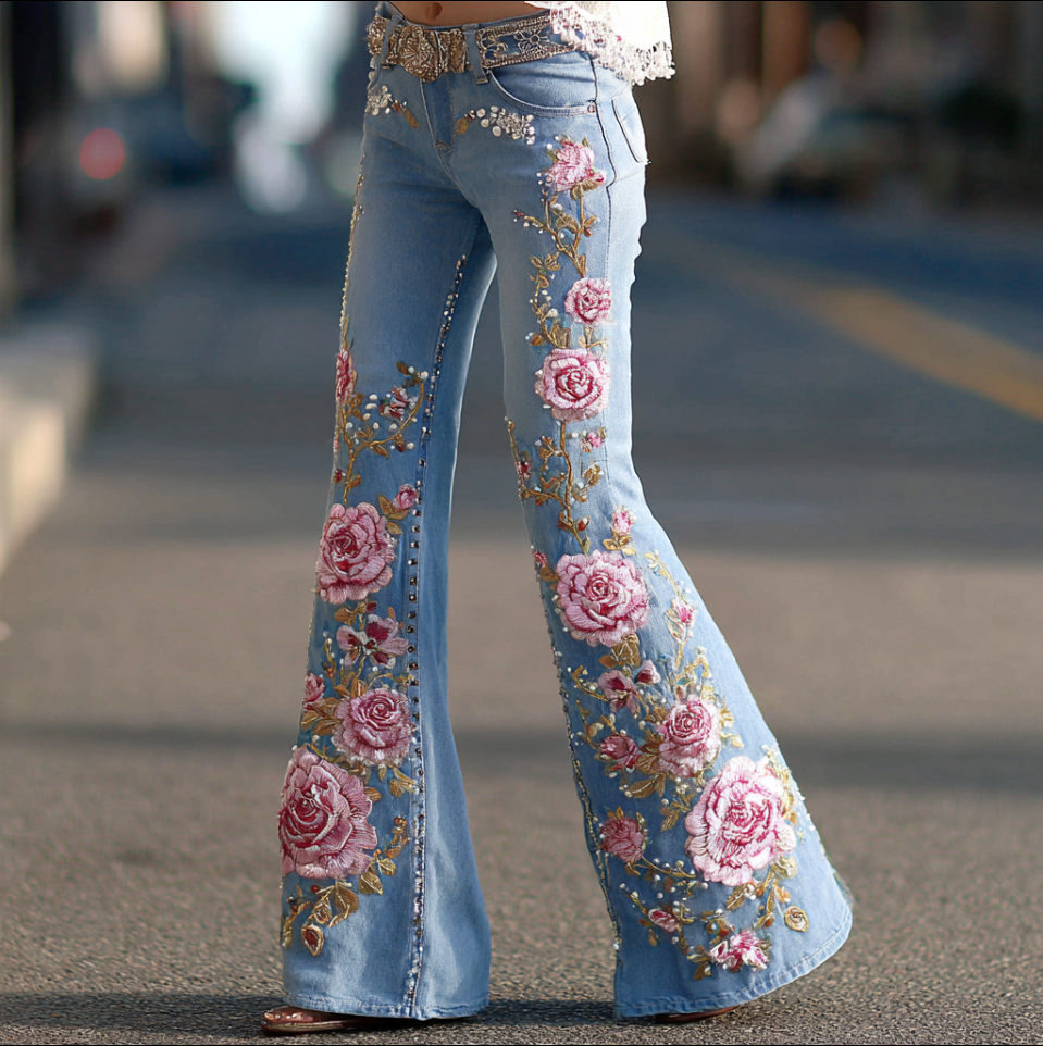 Bohemian Style Women's Plant Flower Embroidery Loose Fit Wide Leg Straight Leg Denim Long Pants