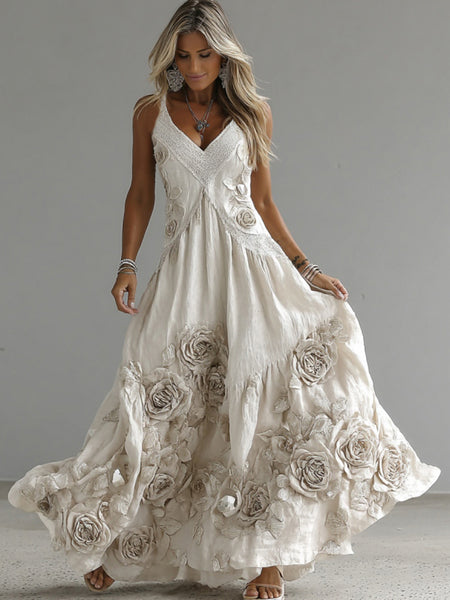 Women's Vintage White Rose Embroidery Art V-neck Suspender Maxi Dress