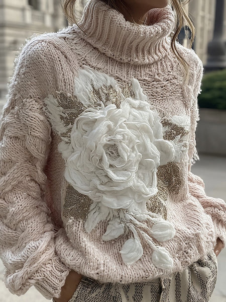 Women's Vintage Pink Rose Chunky Knit Turtleneck Sweater