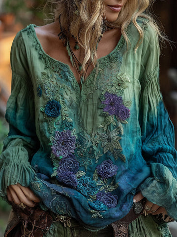 Camisas de lino con bordado artístico vintage, elegantes, con degradado azul de rosas y flores. 