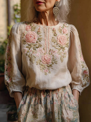 Camisa vintage rosa con estampado floral para mujer, mezcla de algodón y lino 