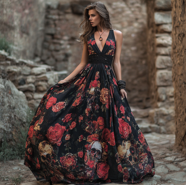 Vestido largo de mujer con escote en V, estampado de rosas y calaveras con temática de Halloween 