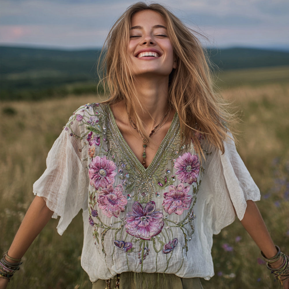 Blusa de mujer con cuello en V y bordado floral desgastado 