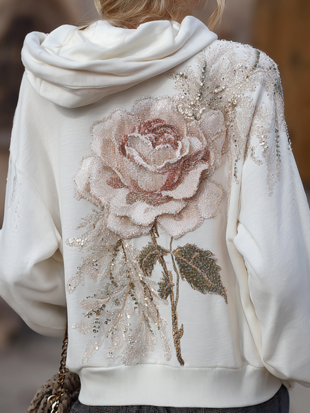 Sudadera de manga larga con capucha para mujer, estilo bohemio, con rosa rosa 3D y lentejuelas. 
