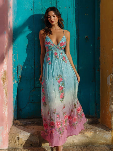 Robe longue boho vintage à broderies florales, coupe fuselée, bretelles spaghetti et col en V. 