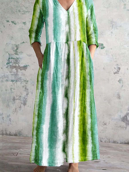 Women's Vintage Boho Stripe Pattern V Neck Dress with Pockets