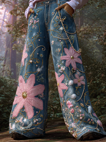Pantalones vaqueros largos de mujer estilo bohemio con bordado de flores y plantas, corte holgado, pierna ancha y rectos. 