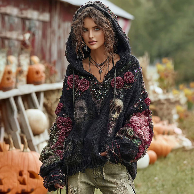 Suéter gótico de punto grueso con capucha y bordado de calavera de rosa 