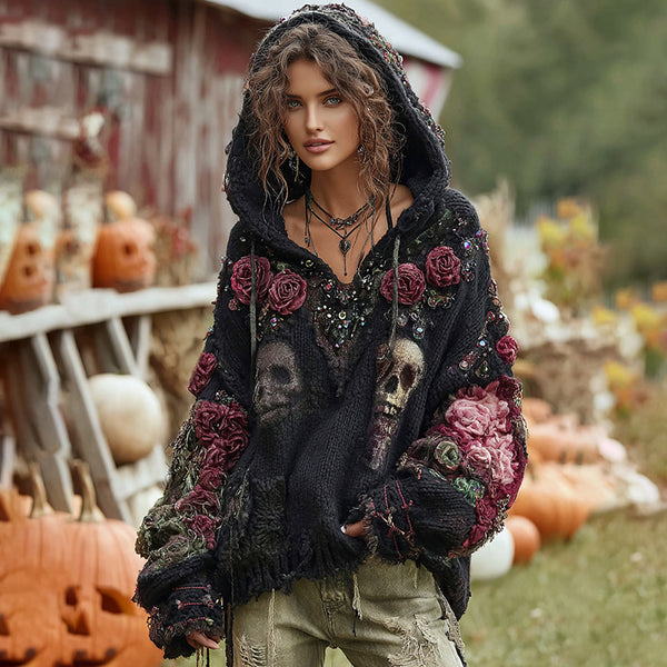 Suéter gótico de punto grueso con capucha y bordado de calavera de rosa 