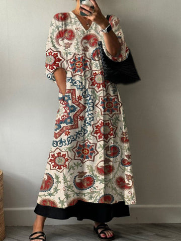 Robe en coton à imprimé floral vintage bohème pour femme, avec poches et col en V 