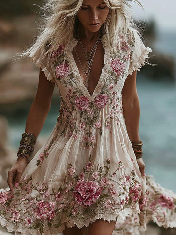 Vestido midi de lino cómodo con bordado de rosas rosas vintage para mujer 
