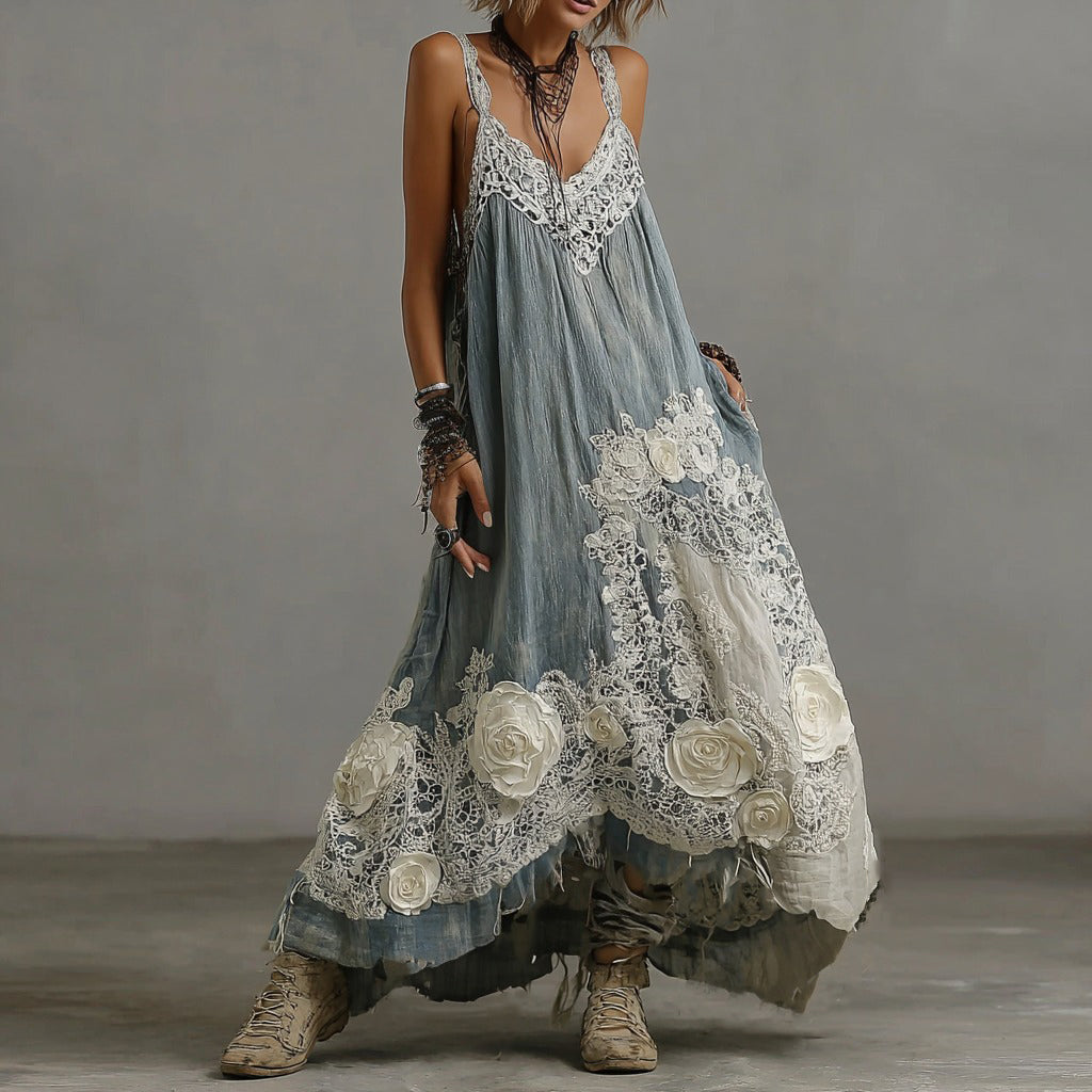 Vestido largo sin mangas con cuello en V y bordado de rosas retro para mujer 