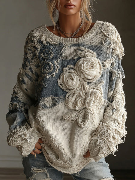 Women's Vintage White Rose Chunky Knit Crew Neck Sweater
