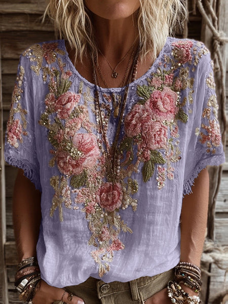 Camiseta de mujer de manga corta, cuello redondo y mezcla de lino con bordado de rosas rosas 