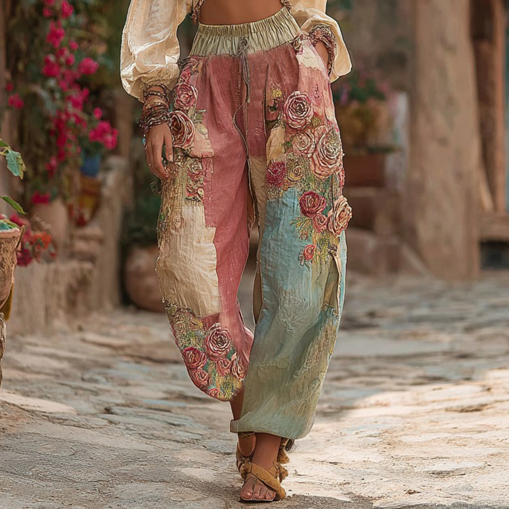 Pantalones casuales retro para mujer con pespuntes de rosas de colores 