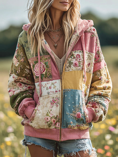 Women's Vintage Floral Patchwork Cozy Warm Zipper Hoodie