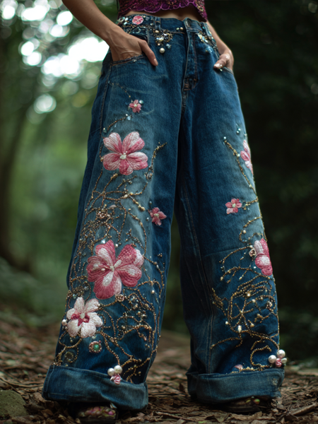 Pantalones vaqueros largos de mujer estilo bohemio con bordado de flores y plantas, corte holgado, pierna ancha y rectos. 