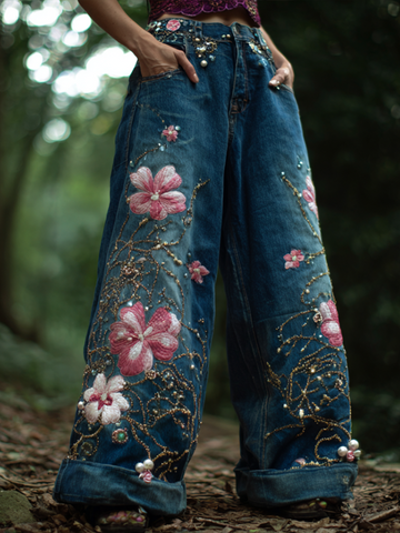 Pantalon long en jean pour femme, style bohème, broderies florales, coupe ample, jambes larges et droites 