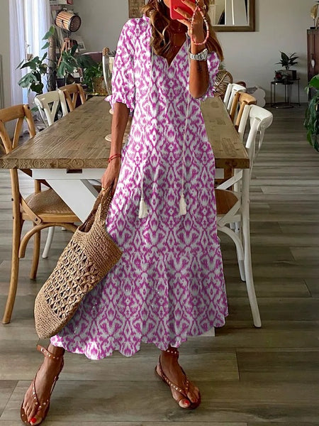 Vestido boho de manga corta con estampado floral, estilo casual otoñal, geométrico y de talla grande. 