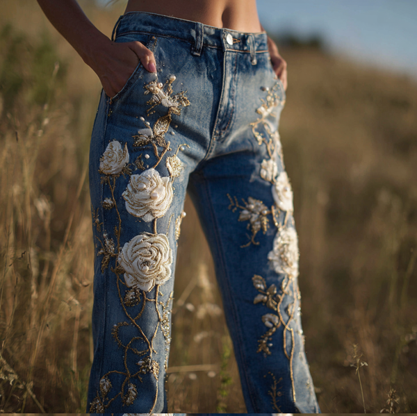 Pantalon long en jean pour femme, style bohème, broderie florale végétale, coupe ample, jambes larges et droites 