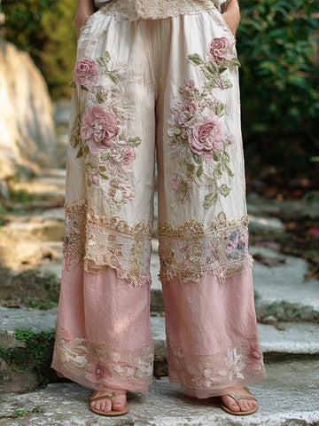 Pantalones de lino para mujer con estampado boho vintage de encaje floral y patchwork 