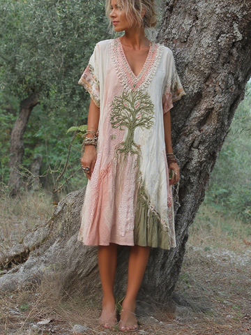 Vestido midi de manga corta con estampado retro del árbol de la vida para mujer 