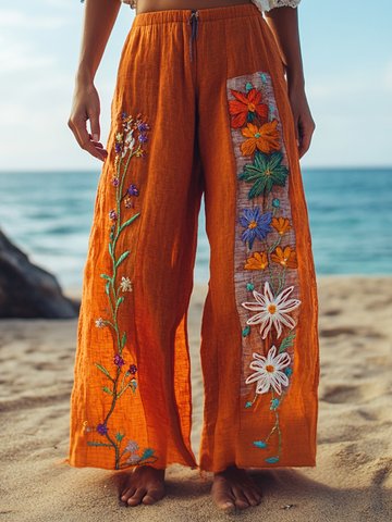 Pantalones casuales estampados florales bohemios para mujer 