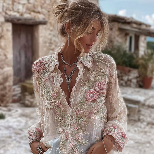 Camisa de manga larga de lino y mezcla de lino para mujer con bordado de rosas rosas 