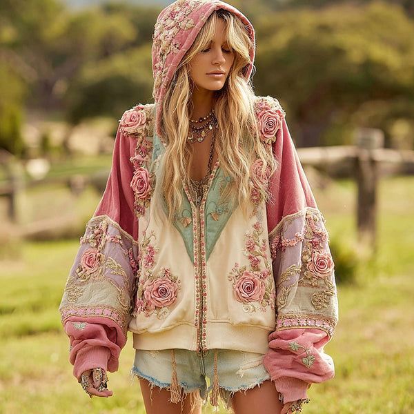 Sudadera con capucha y cremallera estilo boho informal con bloques de color y bordado floral para mujer 