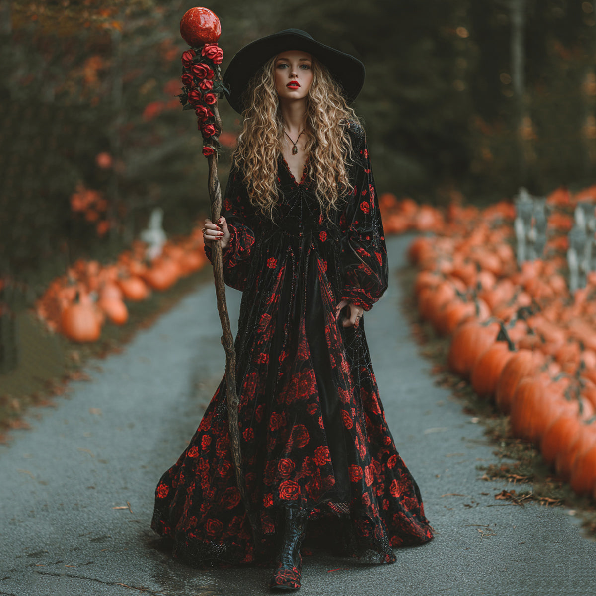 Vestido largo de terciopelo cómodo con estampado clásico de rosas y telarañas para mujer, ideal para Halloween. 