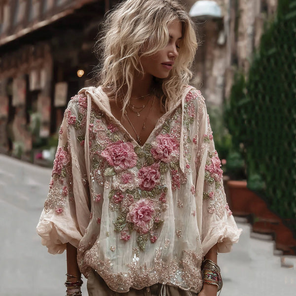 Sudadera con capucha de cuello en V cálida y bordada floral vintage para mujer 