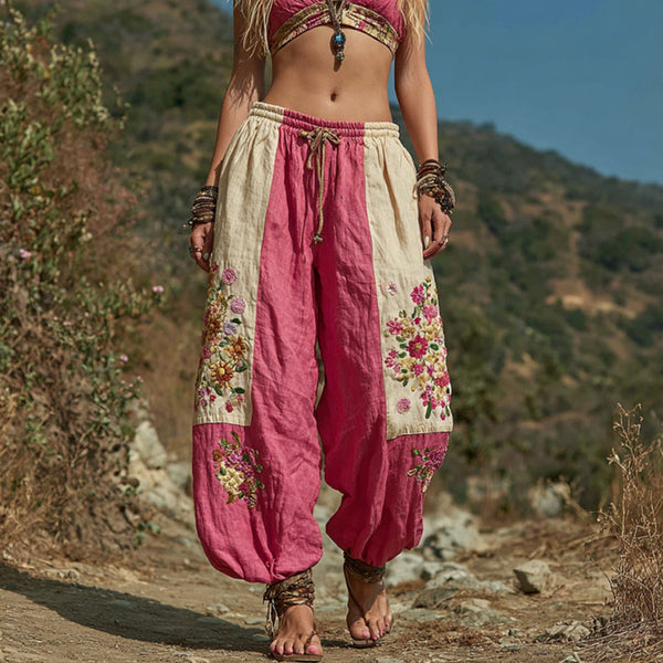 Pantalones casuales retro bohemios con estampado floral bordado para mujer 