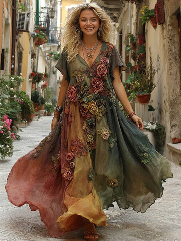 Vestido largo de lino artístico con cuello en V y degradado floral y rosa vintage de la colección Sunset 