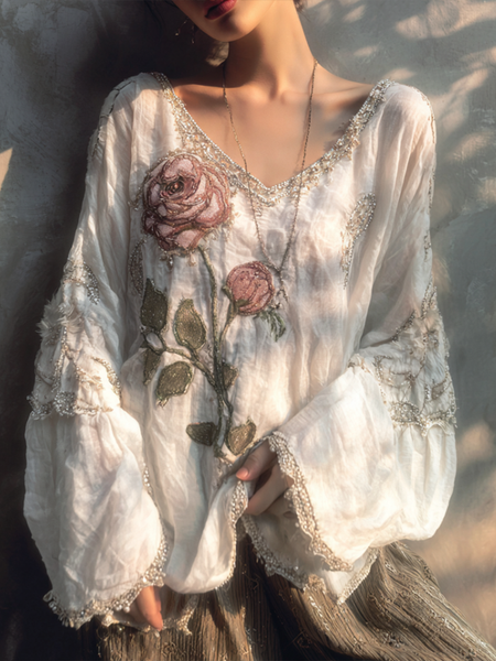 Top de mujer con cuello en V y estampado retro de rosas blancas con destellos 