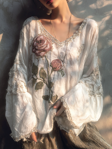 Top de mujer con cuello en V y estampado retro de rosas blancas con destellos 