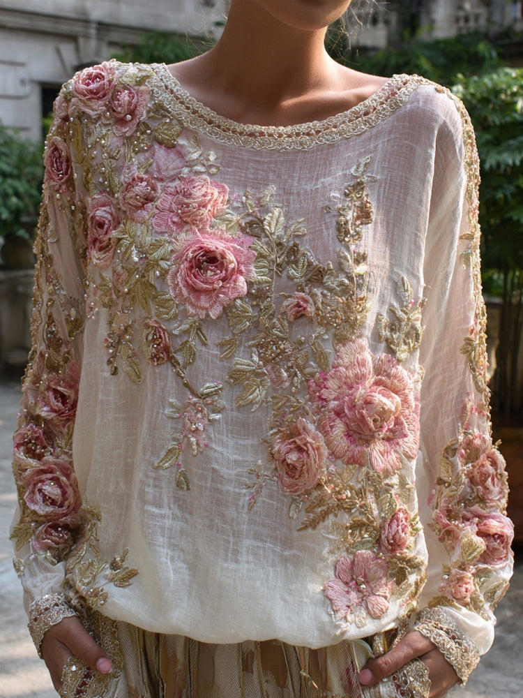 "boho Pink Roses Embroidered Vintage Breathable  Linen Tunic"